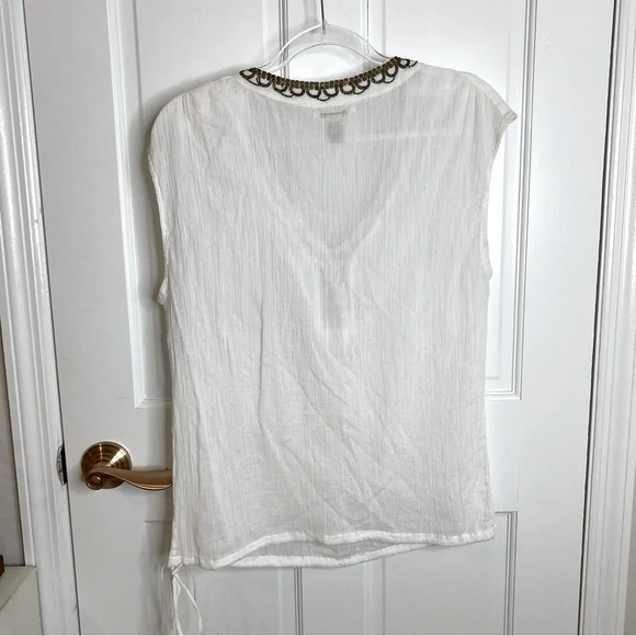 Lucky Brand Gauze Sheer White Blouse w/ Bronze Tone Embellishments Draws… - Picture 10 of 14